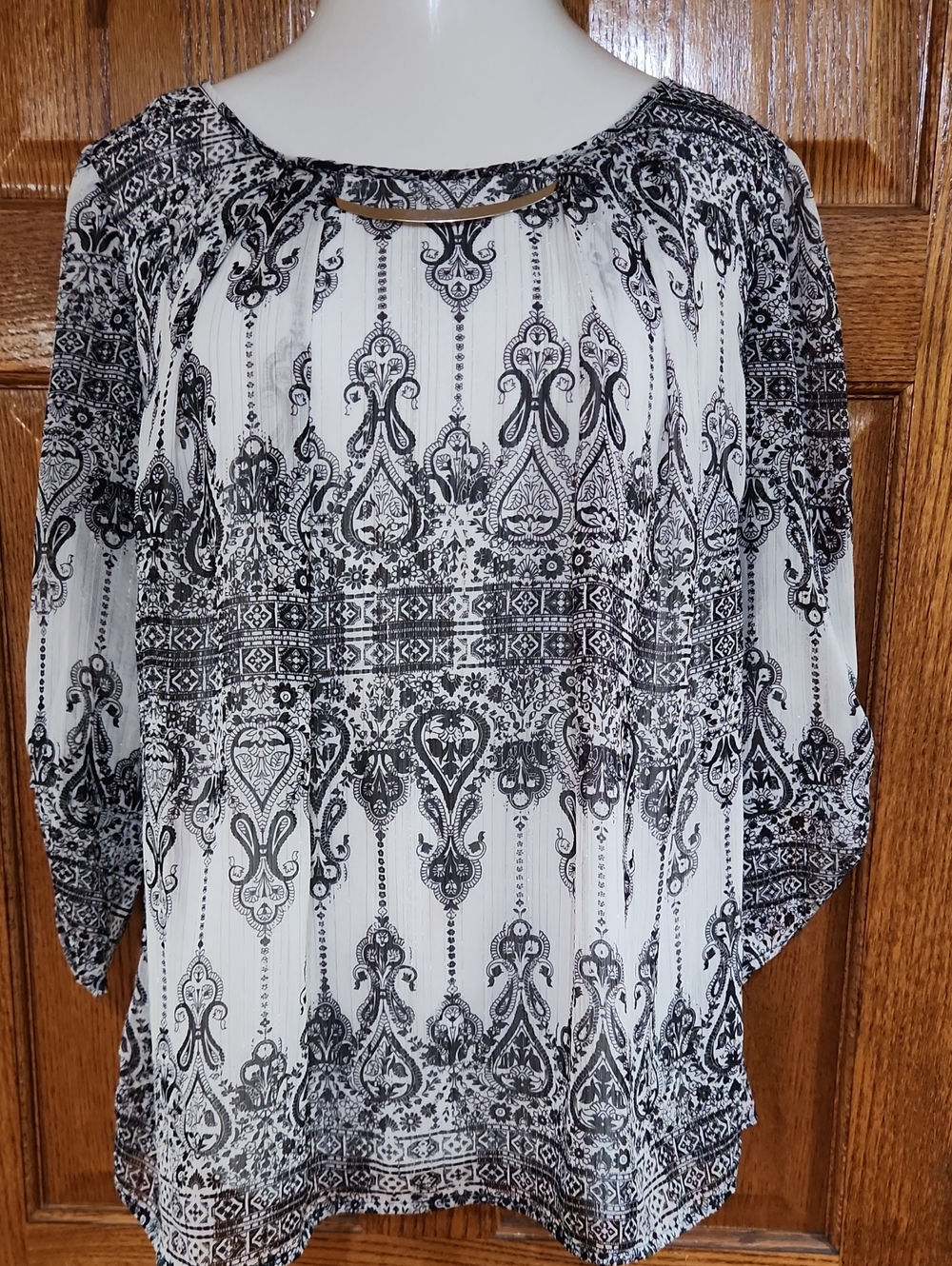 Roz & Ali Black and White Boho Blouse 2x